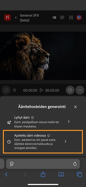 Luo äänitehosteita -vaihtoehdossa on kaksi eri vaihtoehtoa, ja Ajoitettu ääni videollesi -vaihtoehto on valittu saatavilla olevista vaihtoehdoista.