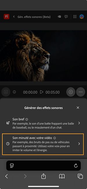 L’option Générer des effets sonores propose deux options différentes et l’option Son minuté avec votre vidéo est sélectionnée parmi les options disponibles.