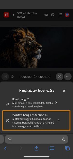 A Hangeffektusok létrehozása opciónak két különböző lehetősége van, és az Időzített hang a videójához opció van kiválasztva az elérhető opciók közül.