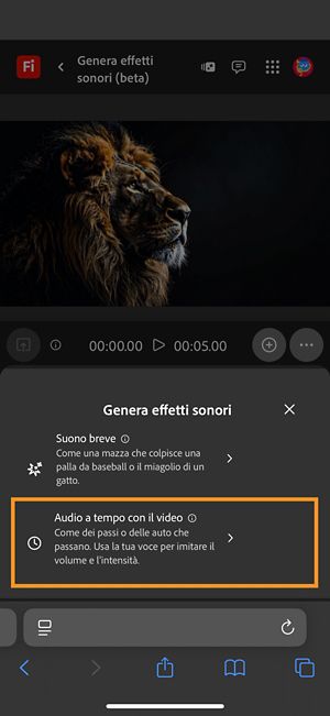 Genera effetti sonori ha due diverse opzioni e Audio a tempo con il video è selezionata tra le opzioni disponibili.