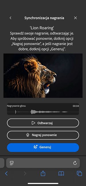 Ekran Nagraj czas wyświetla przesłane wideo, polecenie tekstowe oraz opcje sprawdzenia, nagrania lub wygenerowania efektów dźwiękowych.