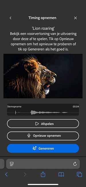 Het scherm Timing opnemen toont de geüploade video, een tekstopdracht en opties om geluidseffecten te controleren, op te nemen of te genereren.