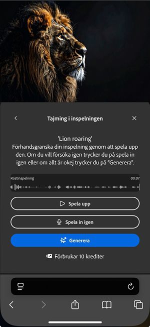 Skärmen Tajming i inspelningen visar den överförda videon, en textprompt och alternativ för att granska, spela in eller generera ljudeffekter.