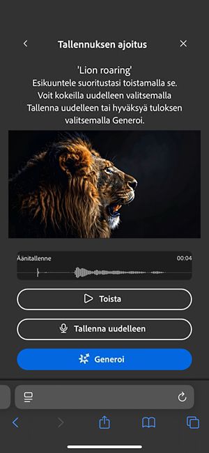 Äänitä ajoitus -näytöllä näkyy ladattu video, tekstikehote ja vaihtoehdot tarkistaa, äänittää tai luoda äänitehosteita.