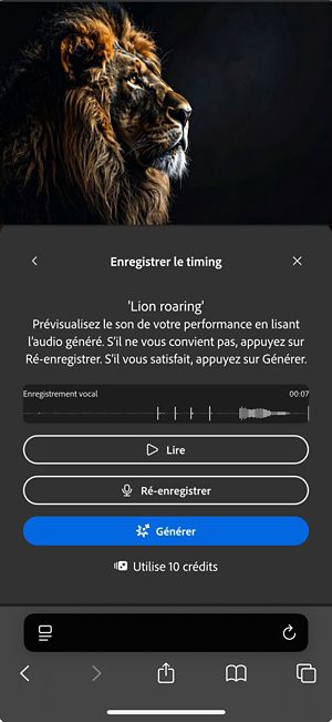 L’écran Enregistrer le timing affiche la vidéo chargée, un prompt textuel et des options pour réviser, enregistrer ou générer des effets sonores.