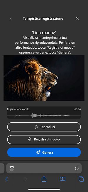 La schermata Tempistica registrazione mostra il video caricato, un prompt di testo e le opzioni per rivedere, registrare o generare effetti sonori.