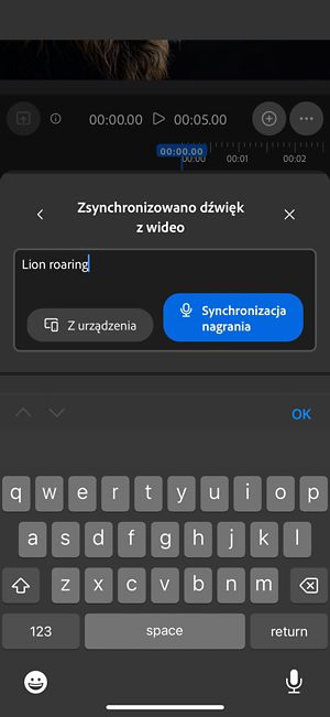 Dźwięk zsynchronizowany z wideo ma polecenie tekstowe z opcjami przesłania pliku audio z urządzenia lub nagrania go bezpośrednio w aplikacji internetowej.