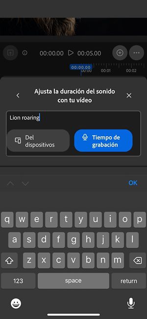 Sonido sincronizado con su vídeo tiene una indicación de texto con las opciones para cargar un archivo de audio desde el dispositivo o grabarlo directamente en la aplicación web.
