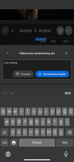 Videonuzla zamanlanmış ses seçeneğinde, cihazdan ses dosyası yükleme veya doğrudan web uygulamasında kaydetme seçenekleriyle bir metin istemi bulunur.