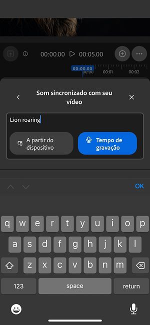 O Som cronometrado com seu vídeo tem um prompt de texto com as opções para carregar um arquivo de áudio do dispositivo ou gravá-lo diretamente no aplicativo da Web.