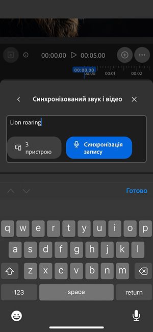 Опція «Звук, синхронізований із вашим відео» має текстовий запит із параметрами передавання аудіофайлу з пристрою або його запису безпосередньо у вебпрограмі.