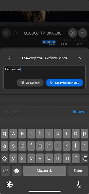 Časovaný zvuk k vašemu videu má textové zadání s možnostmi nahrát zvukový soubor ze zařízení nebo jej zaznamenat přímo ve webové aplikaci.