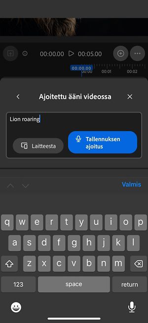 Ajoitettu ääni videossa -vaihtoehdossa on tekstikehote ja vaihtoehdot ladata äänitiedosto laitteelta tai äänittää se suoraan verkkosovelluksessa.