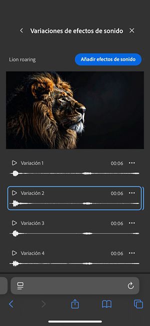 La opción Variaciones de sonidos cortos está abierta y hay cuatro variaciones generadas diferentes disponibles entre las que puede elegir.También existe la opción de añadir los efectos de sonido a la cronología.