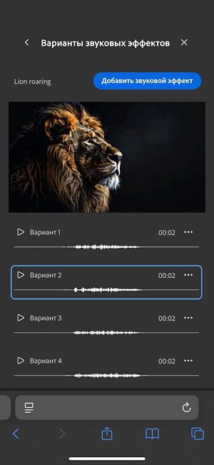 Открыт параметр «Варианты коротких звуков», и доступны для выбора четыре различных созданных варианта. Также есть возможность добавить звуковые эффекты на временную шкалу.