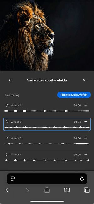 Je otevřena možnost Variace krátkého zvuku a jsou k dispozici čtyři různé vygenerované varianty.K dispozici je také možnost přidat zvukové efekty na časovou osu.