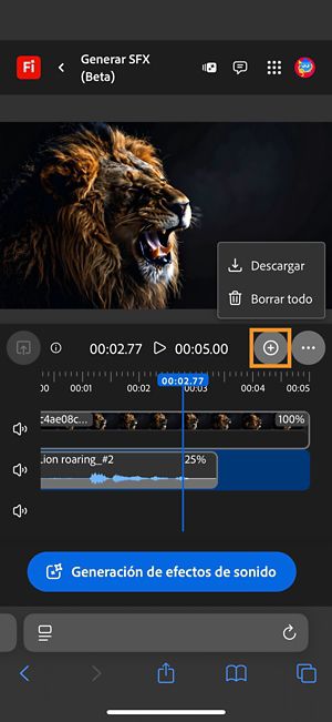 La opción Descargar está resaltada para que pueda descargar el clip de audio o vídeo compuesto.