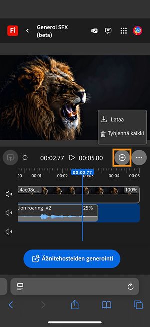 Latausvaihtoehto näkyy korostettuna. Sen avulla voit ladata valmiin ääni- tai videoleikkeen.