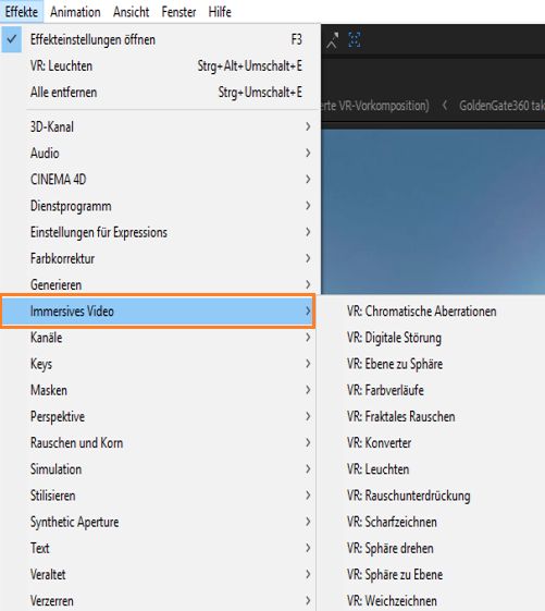 Immersive Videoeffekte auf der Registerkarte „Effekte“