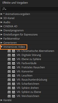 Immersive Videoeffekte im Effekte- und Vorgabenfenster