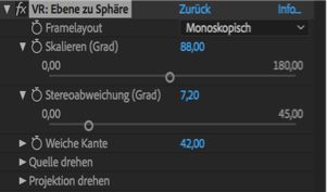 Einstellungen für „VR: Ebene zu Sphäre“