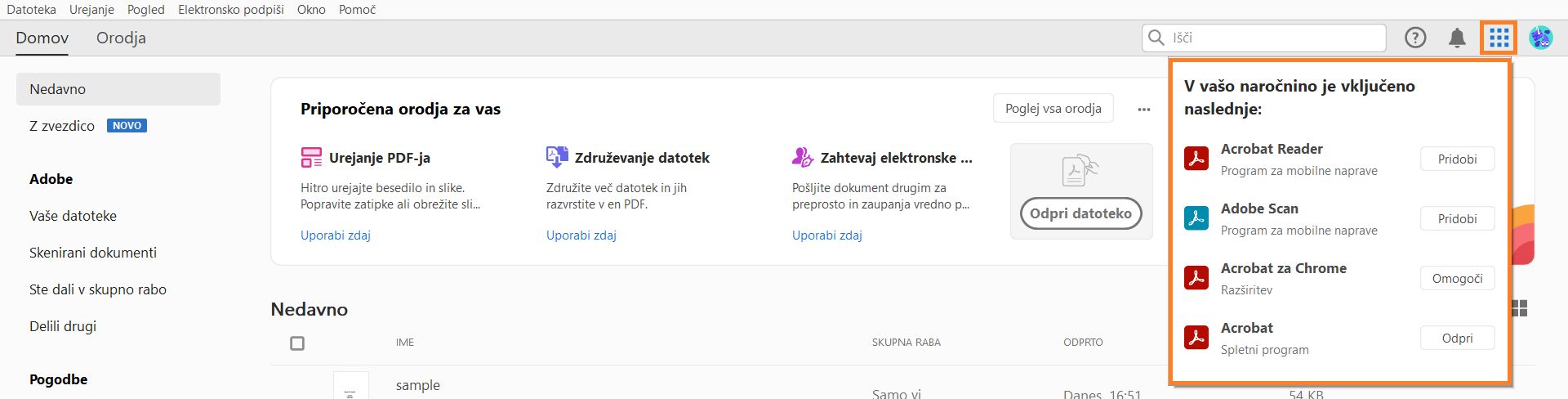 Acrobatovi programi v meniju z mrežasto ikono