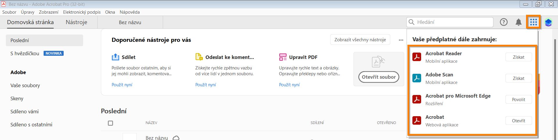 Aplikace Acrobat z nabídky