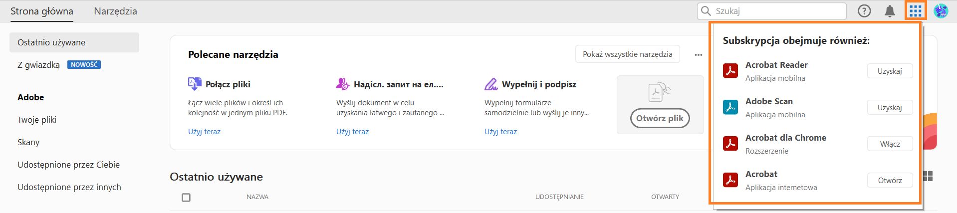 Aplikacje Acrobat z menu składanego