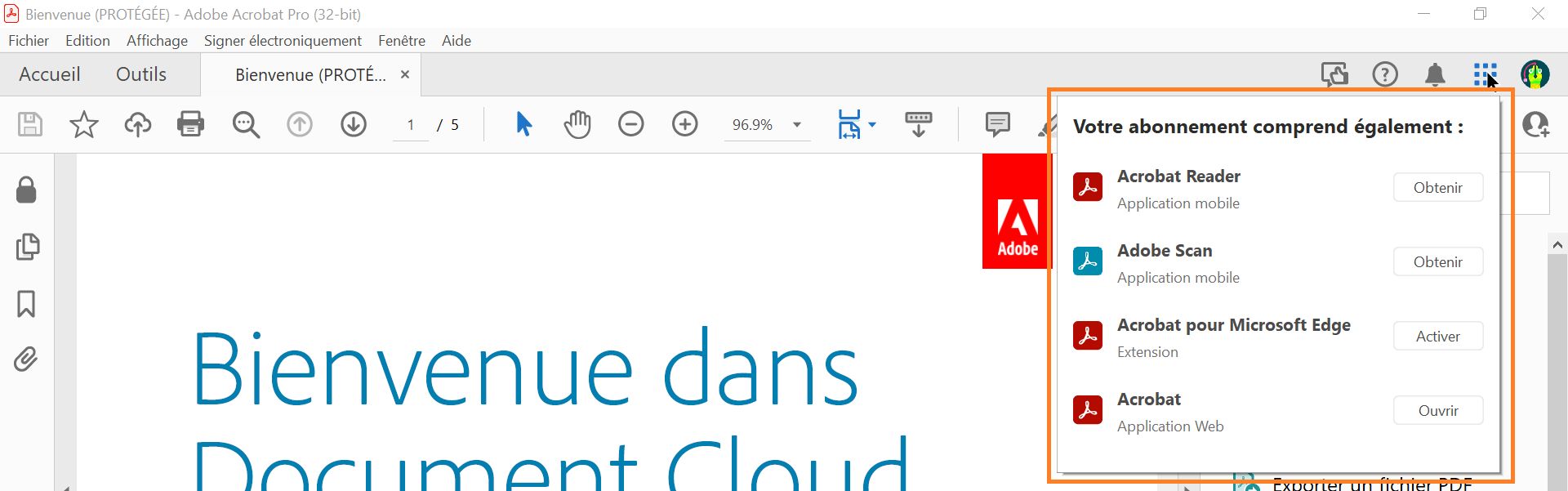 Applications Acrobat depuis le menu en forme de grille