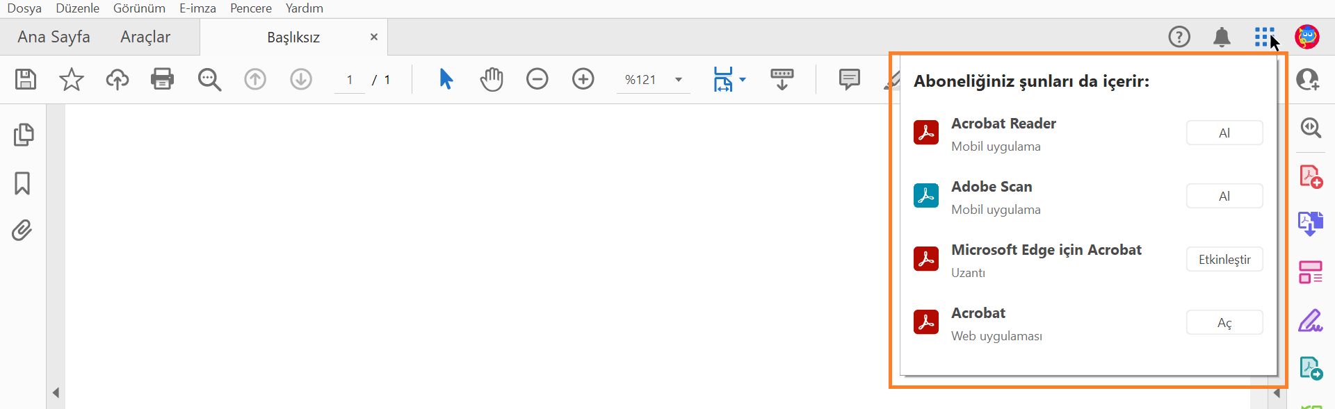 Waffle menüsündeki Acrobat uygulamaları