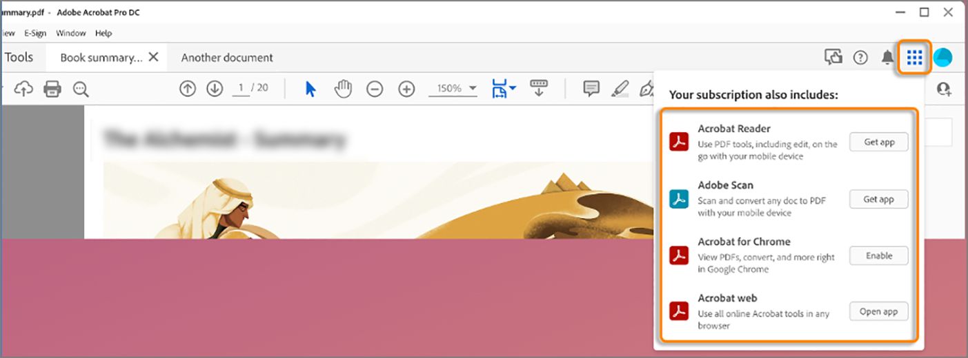 تطبيقات Acrobat من رمز القائمة التي على شكل مربعات