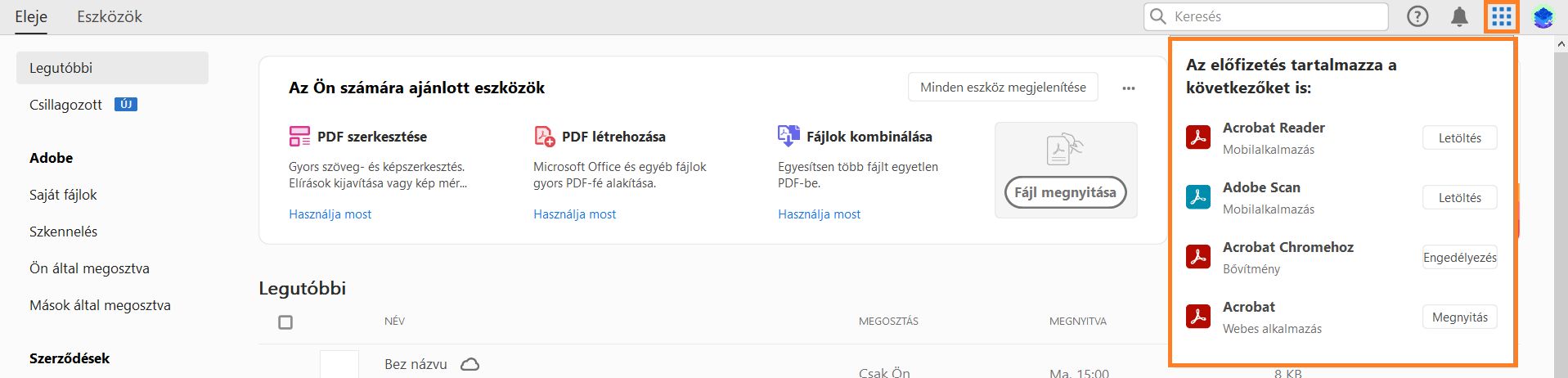 Acrobat alkalmazások a gofri menüből