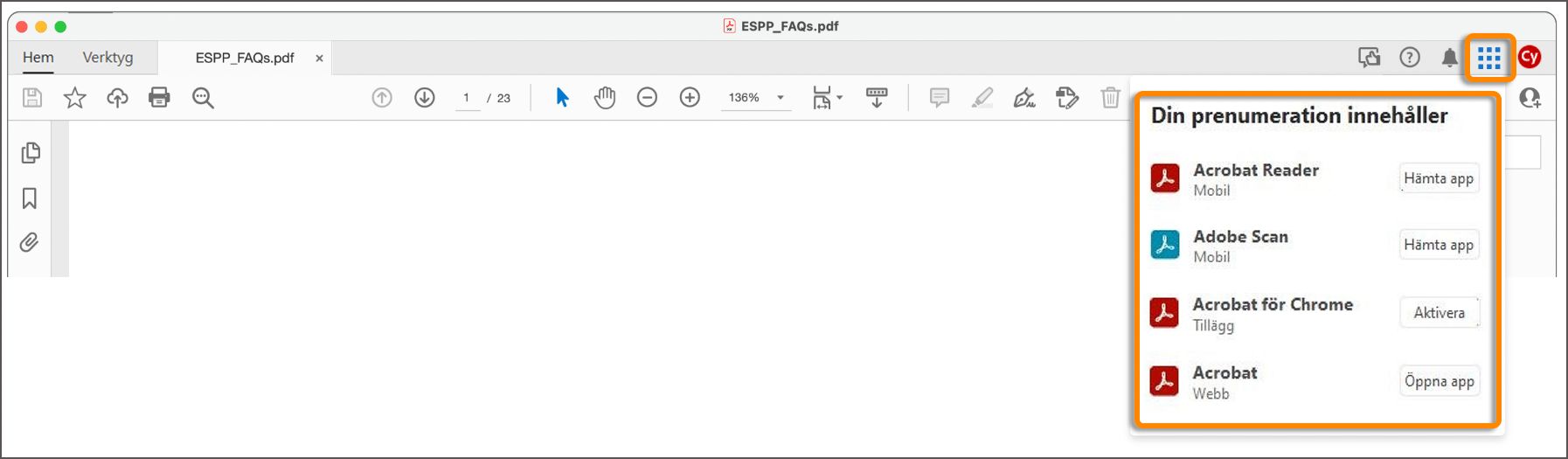 Klicka på våffelmenyn