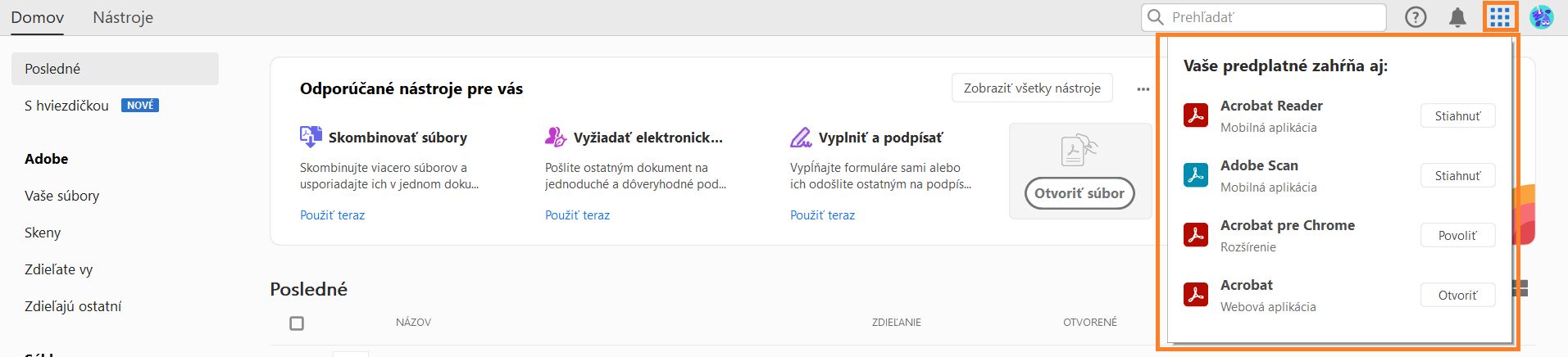Aplikácie Acrobat z mriežkovanej ponuky