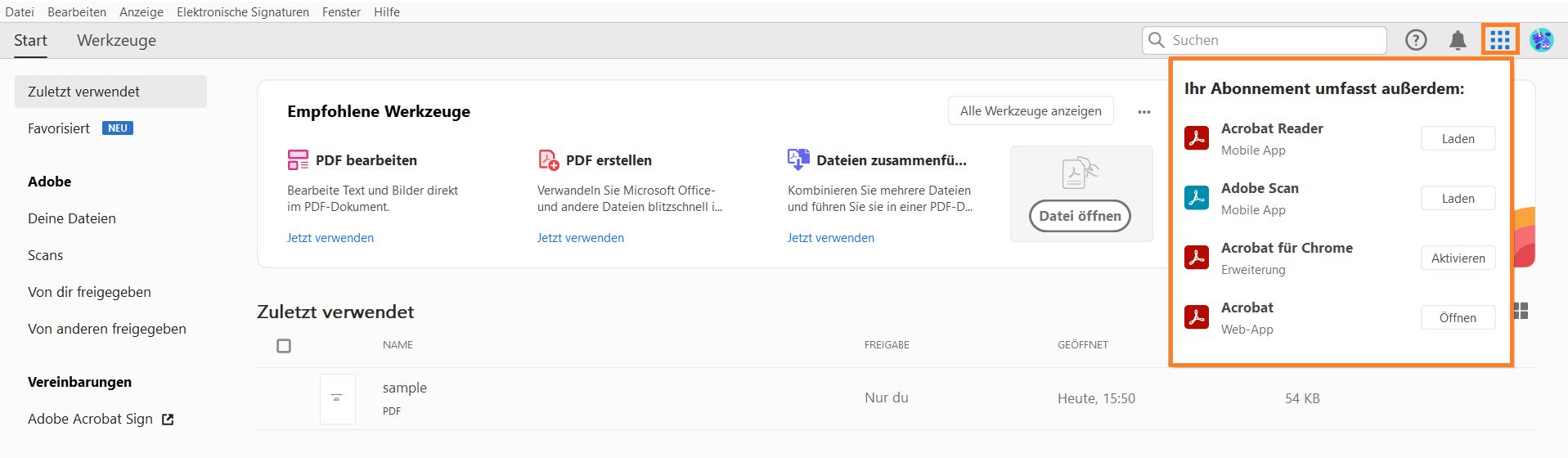 Acrobat-Apps aus dem Waffelmenü