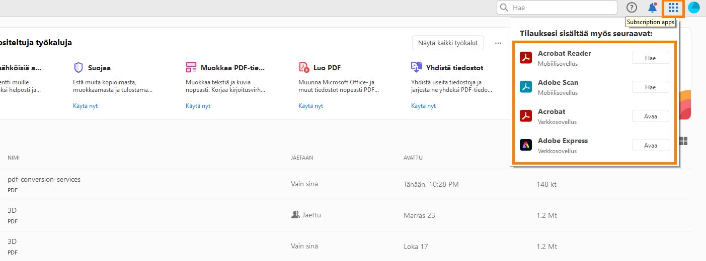 Hampurilaisvalikossa olevat Acrobatin sovellukset