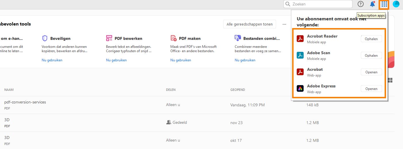 Acrobat-apps in het toepassingsmenu