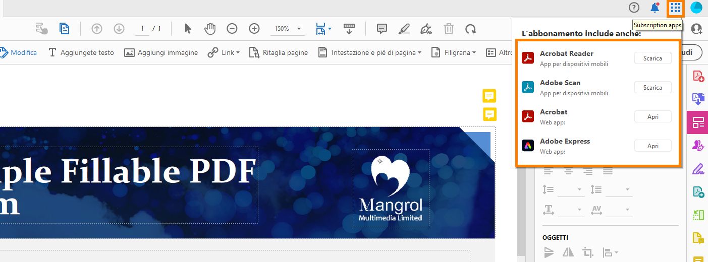 App Acrobat nel menu con icona a quadretti