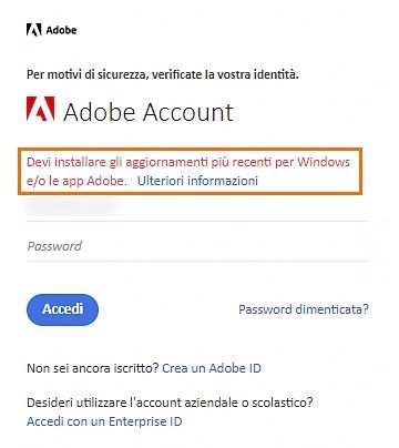 Un prompt di accesso con un avviso di aggiornamento di Windows