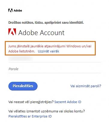 Pierakstīšanās uzvedne ar brīdinājumu atjaunināt Windows