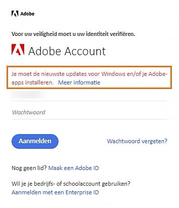 Een aanmeldingsprompt met een waarschuwing om Windows bij te werken