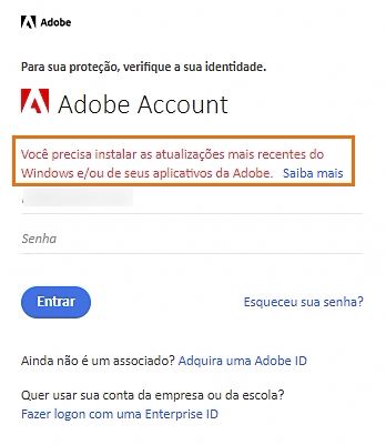 Uma solicitação de login com um aviso para atualizar o Windows