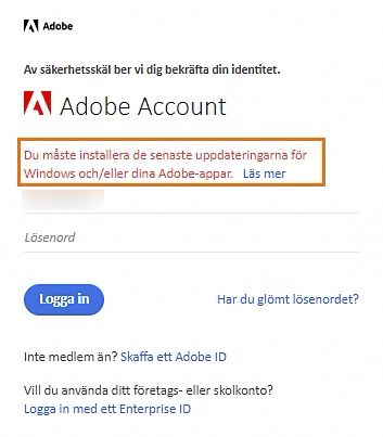 En inloggningsprompt med en varning om att uppdatera Windows