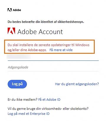 En logindialogboks med en meddelelse om, at Windows skal opdateres