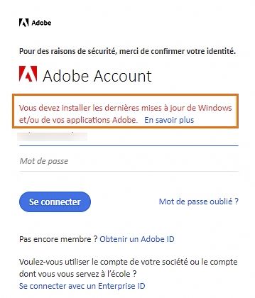 Invite de connexion avec un avertissement de mise à jour de Windows