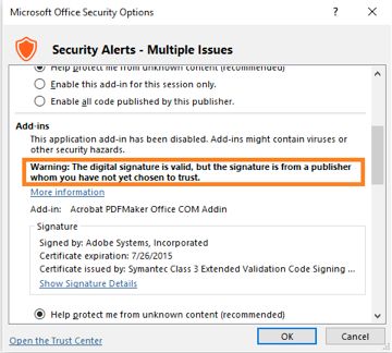 Avertisment privind elementele Add-in