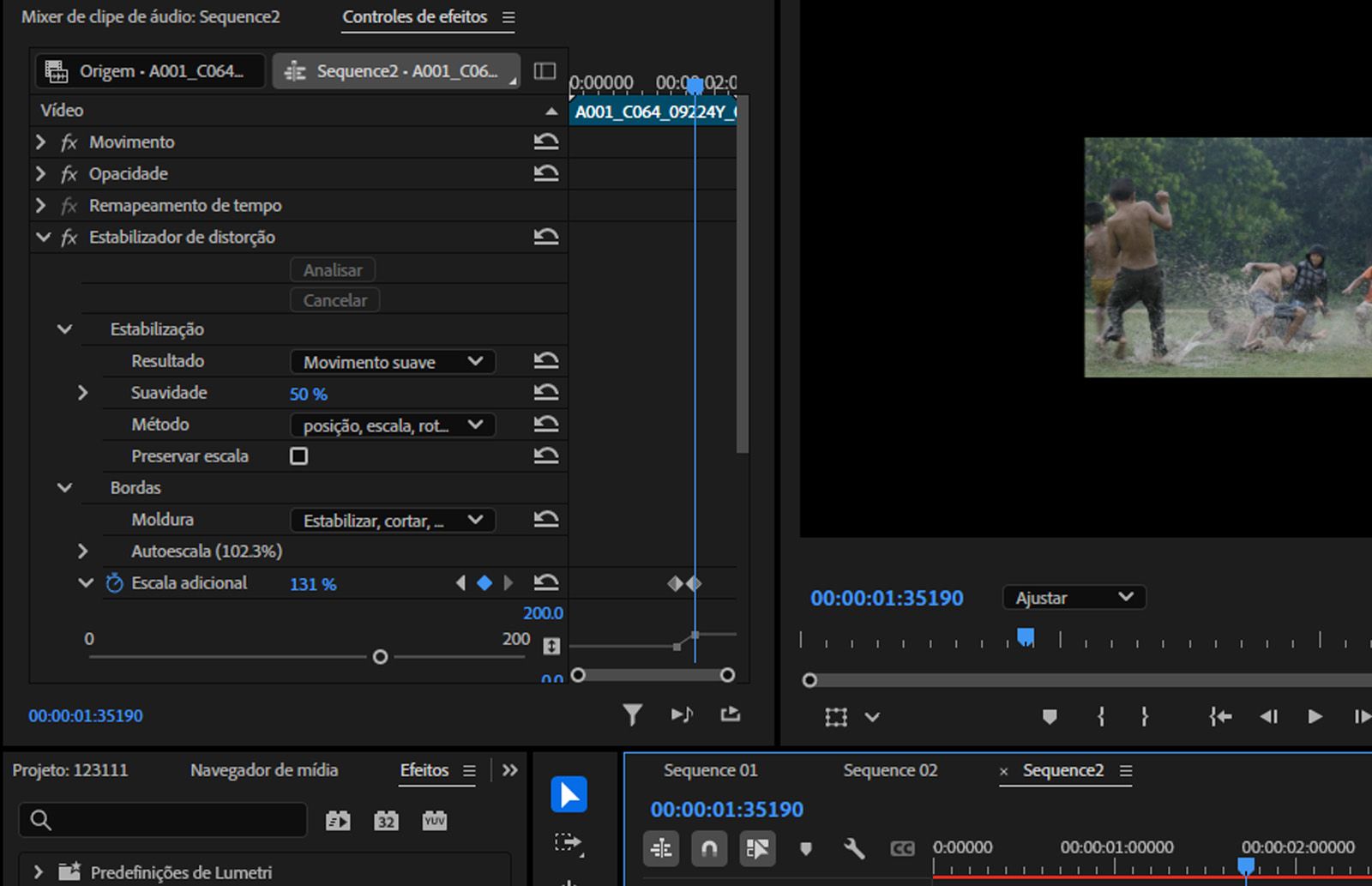 O painel Estabilizador de distorção aberto. Ele automaticamente suaviza as gravações de vídeo instáveis.