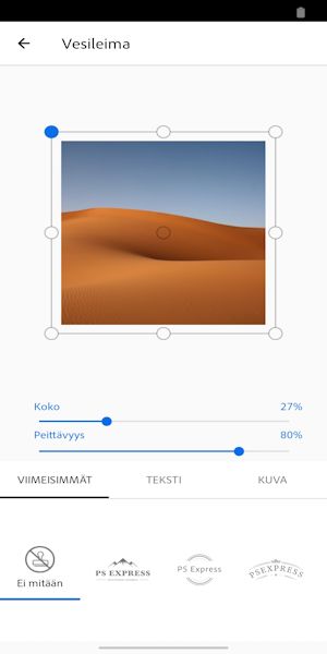 Vesileimana näytetään Ei mitään, mikä tarkoittaa, että valokuvassa ei ole vesileimaa