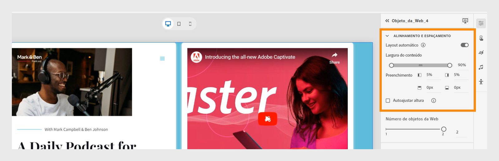 Adicionar alinhamento e espaçamento para um objeto da Web