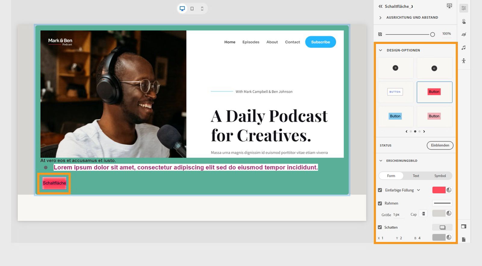 Anpassen der Schaltfläche in einem Web-Objekt